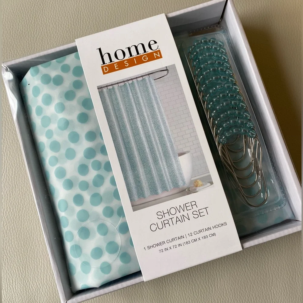 Polka dot shower curtain and hooks